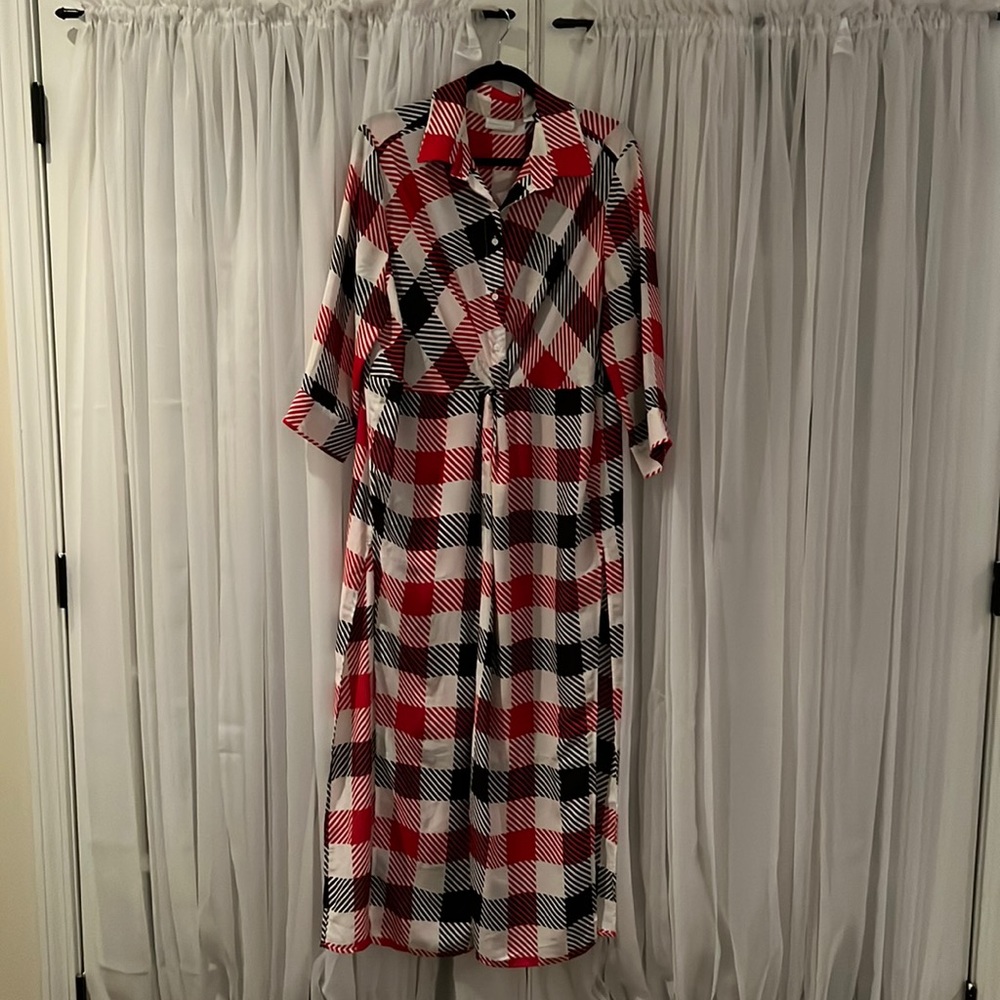 Red, Black, and White Plaid Shirt Dress